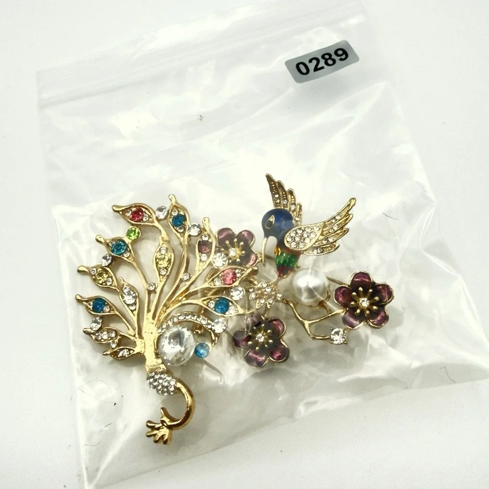 Hummingbird & Peacock Brooch Set Gold Tone Rhinestone Enamel Bird Pins
